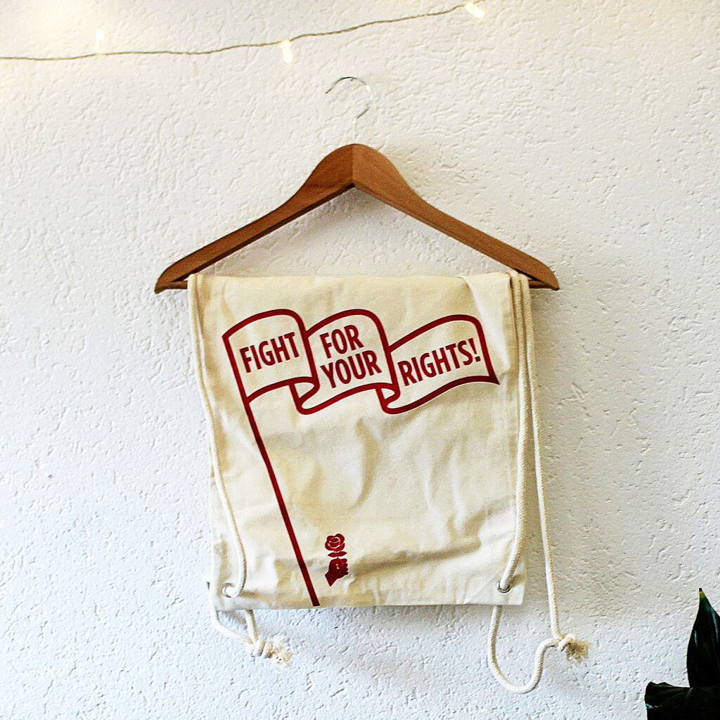 JUSO Jutesack mit dem Slogan "Fight for your rights!"