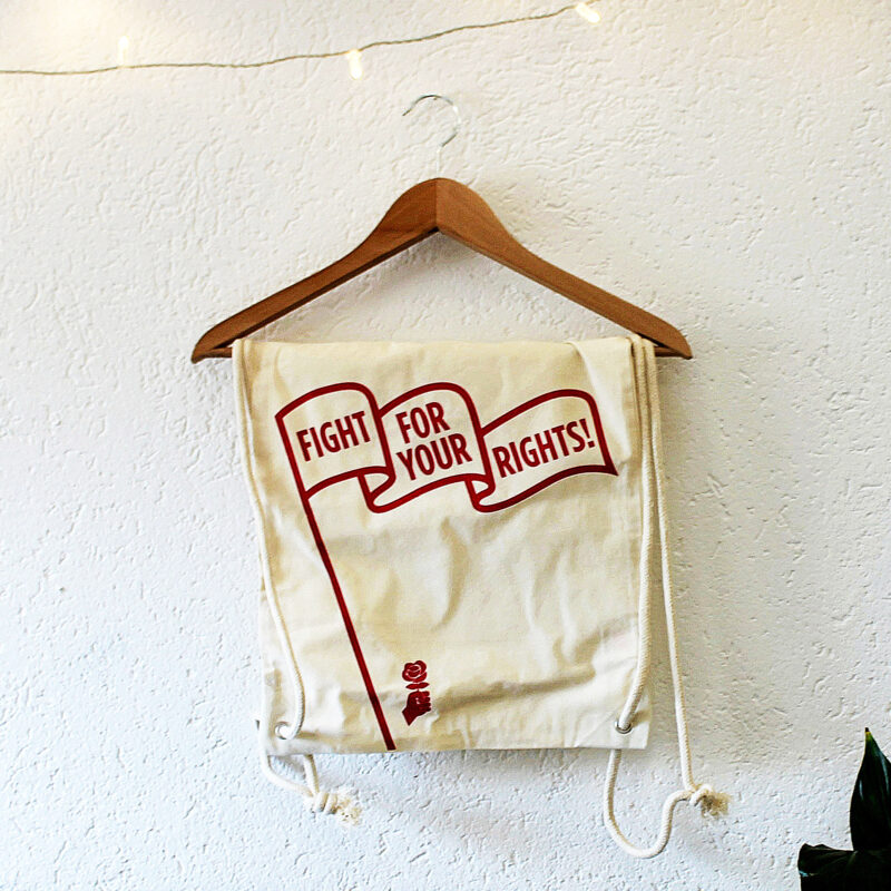 Sac en jute de la JUSO avec le slogan "Fight for your rights !"